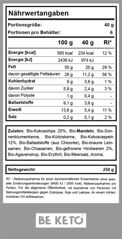 BeKeto Himbeer Müsli Nährwertangaben
