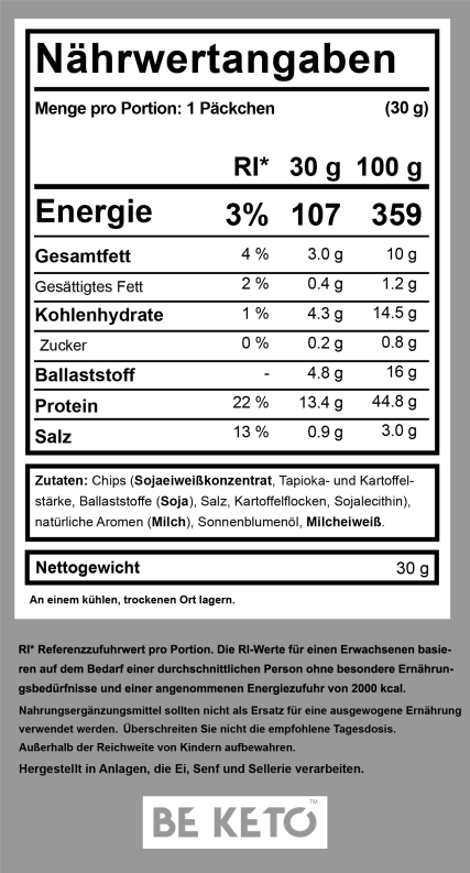 BeKeto Chips Cheese & Onion Nährwerttabelle