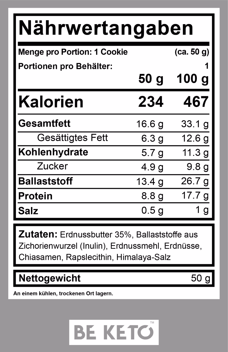 Be Keto Keto Cookie Peanut Butter Nährwetangaben