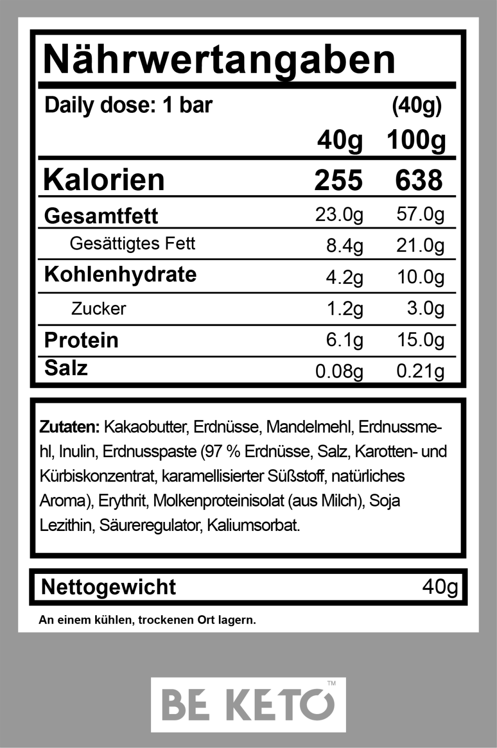 Be Keto Erdnussriegel Nutrition Facts